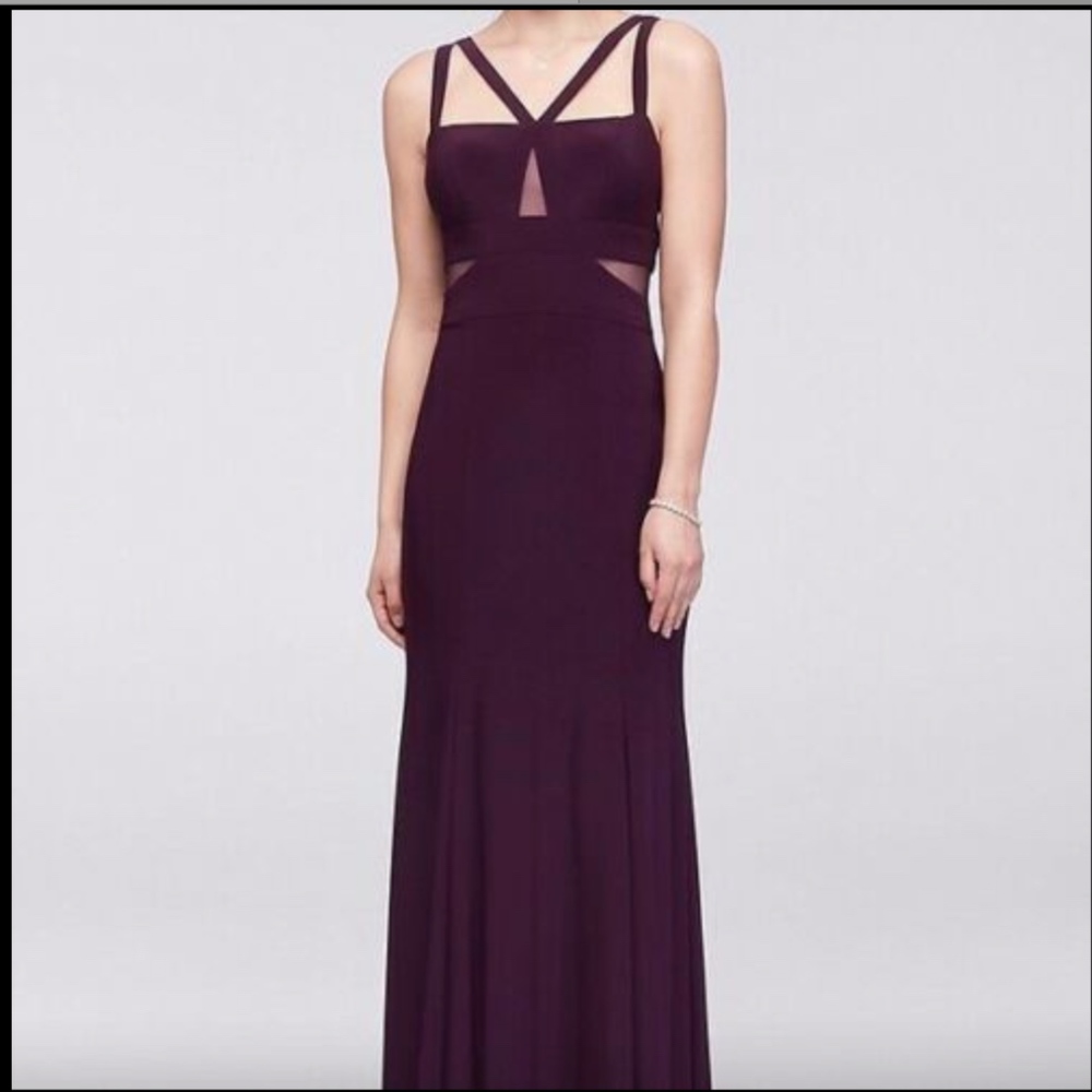 USED Xscape Strappy Peekaboo Mesh Jersey Gown